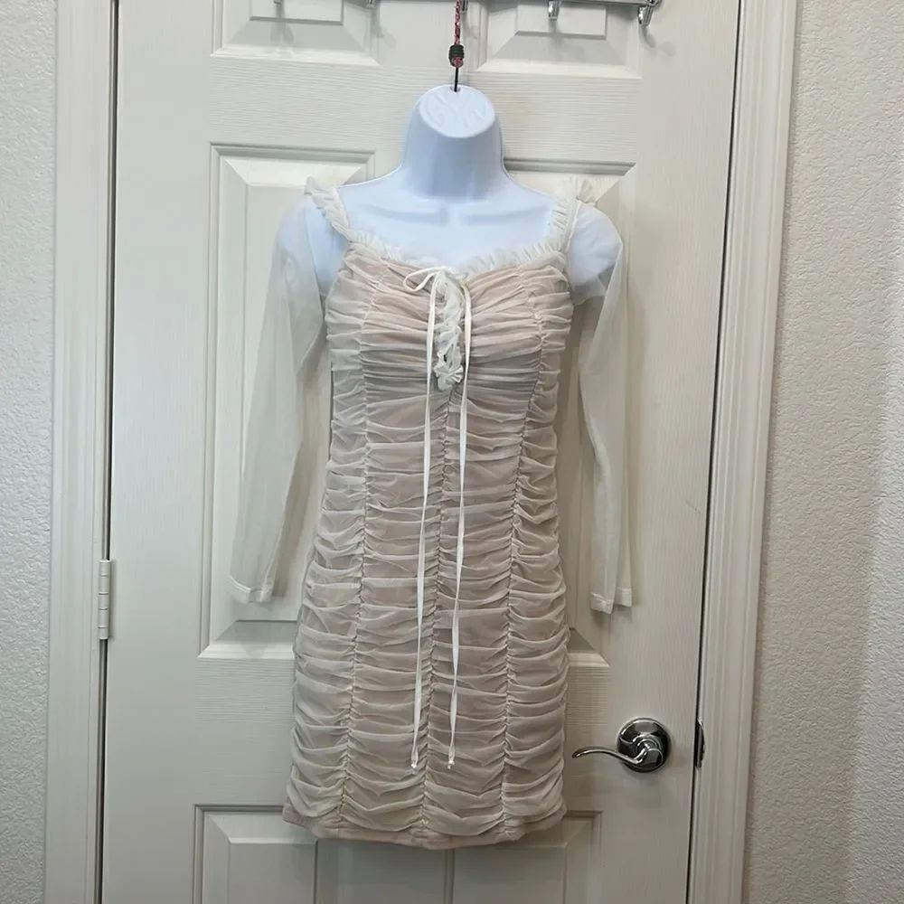 Fashion Nova Maura Mesh Dress White Size Medium Sweet Heart Neckline Tie Ruched